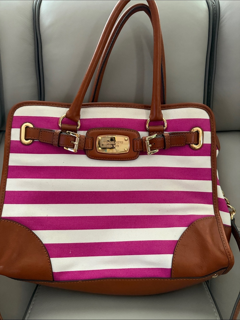 Michael Kors Pink and White Striped Canvas Tote with Brown Leather Trim